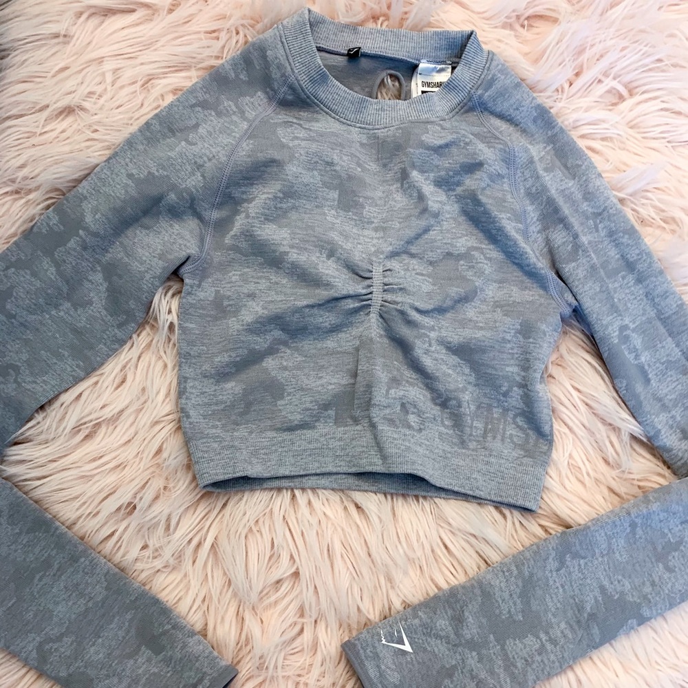 Gymshark Grey Camouflage Cropped Long Sleeve Top